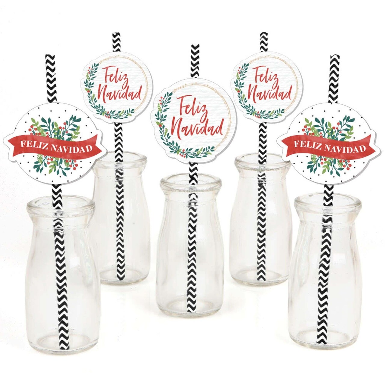 Big Dot of Happiness Feliz Navidad - Paper Straw Decor - Holiday and Spanish Christmas Party Striped Decorative Straws - Set of 24